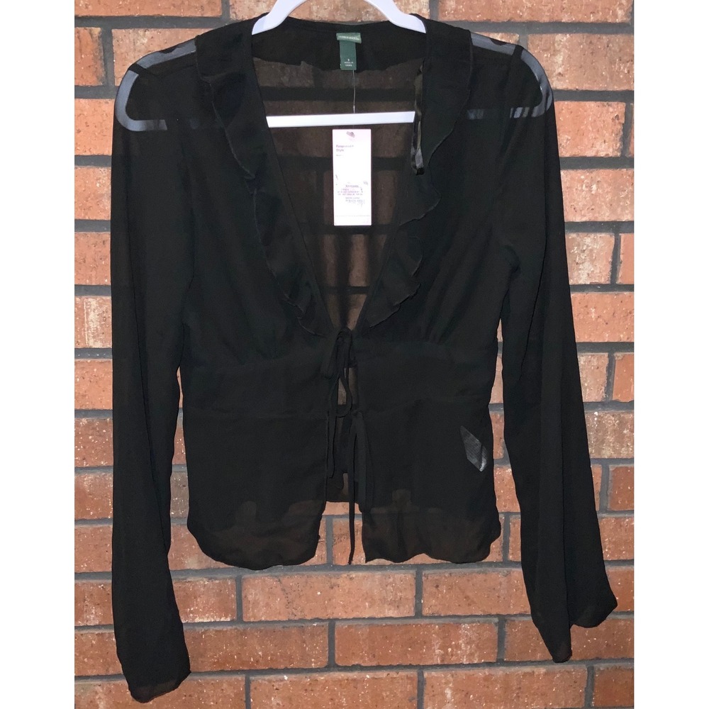 Wild Fable Black Sheer Ruffle Tie Front Long Sleeve Top Size S NWT